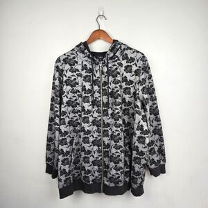 ELLOS Lightweight Floral Zip Jacket Hood Drawstring Black Womens Plus Size 1X